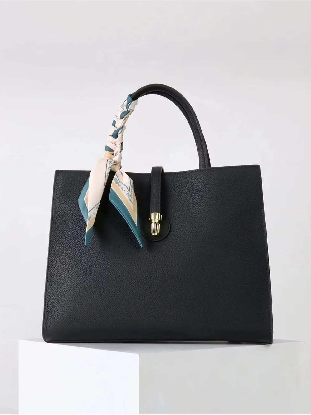 Black Structured Togo Leather Bag with Scarf Accent